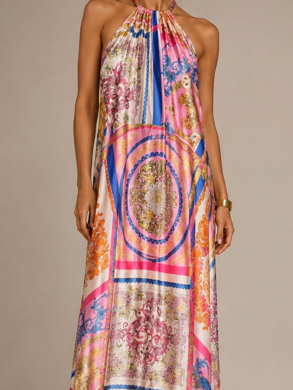 Aakana Pink, Blue & Gold Baroque Print Scarf dress
